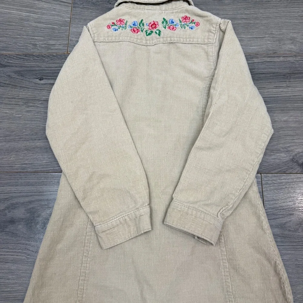 OshKosh Pearl Snap Floral Embroidered Beige Corduroy Dress Girls Size 4‎ Y2K